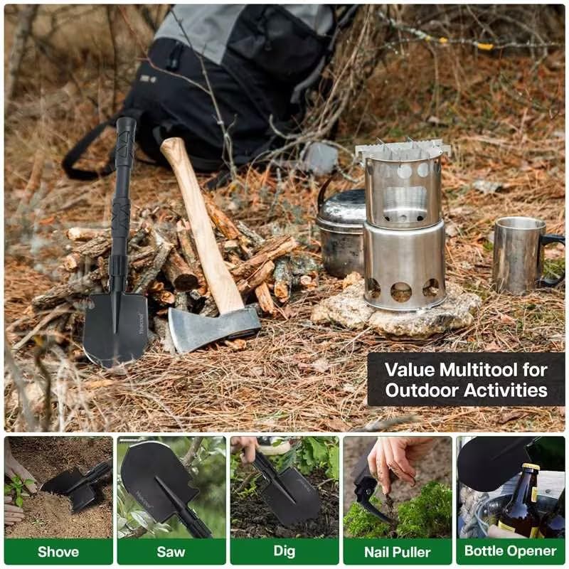 Yeacool Folding Survival Shovel Multi-Tool, Heavy-Duty Military Entrenching Tool with Pickaxe, Collapsible Spade for Disaster Recovery, Car Emergency, Metal Detecting, Camping, Digging, and Gardening - Image 4